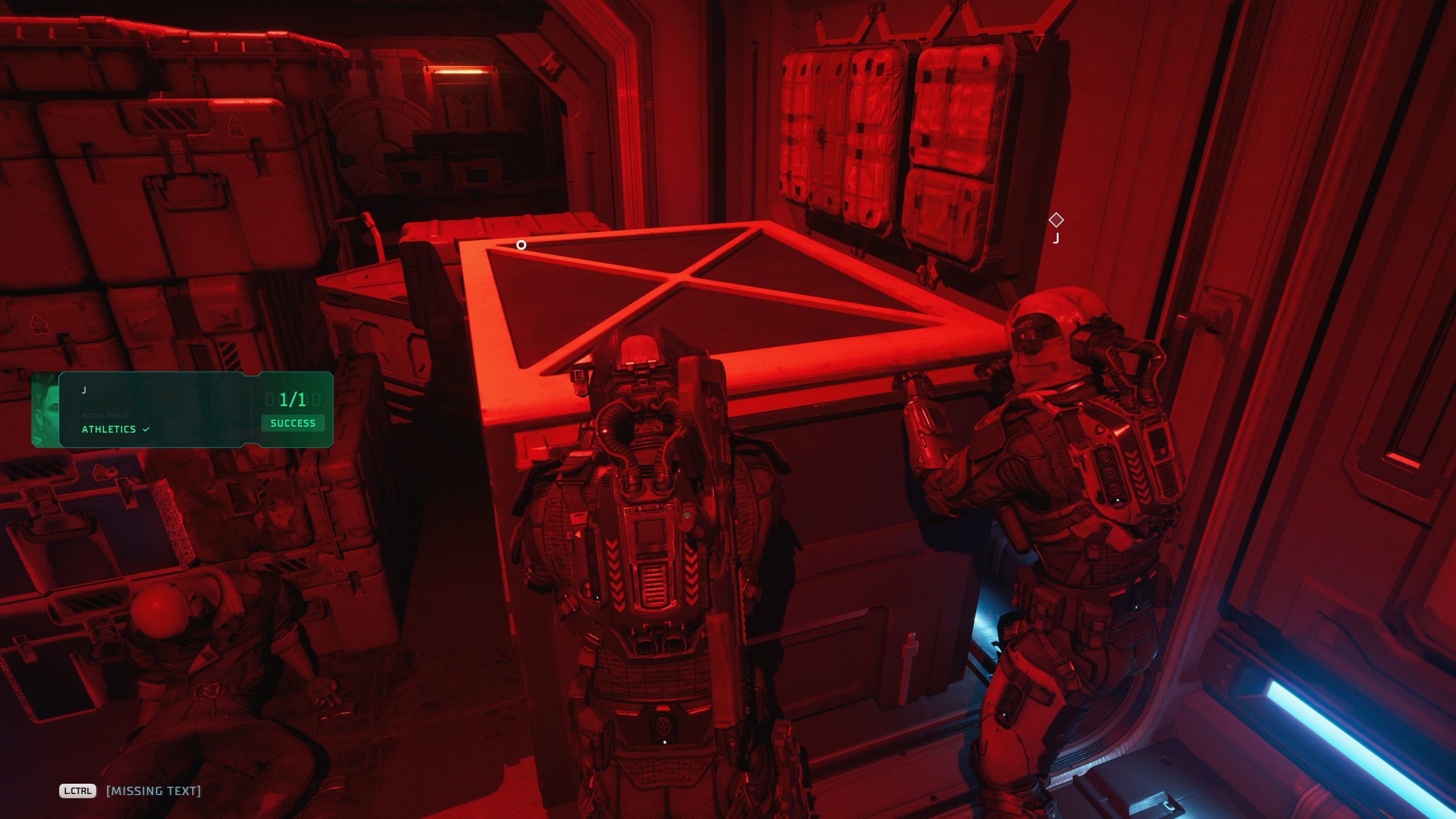 Two characters in The Expanse: Osiris Reborn are attempting to move a large crate with a prompt showing Athletics and Success on the screen.