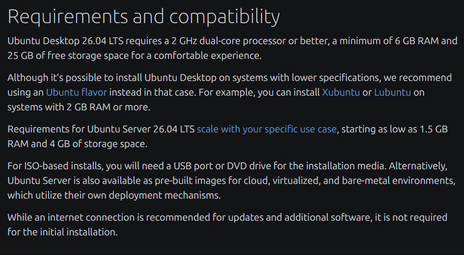 The image displays text detailing Requirements and compatibility for Ubuntu Desktop 26.04 LTS, specifying a 2 GHz dual-core processor, 6 GB RAM, and 25 GB storage as minimum requirements.