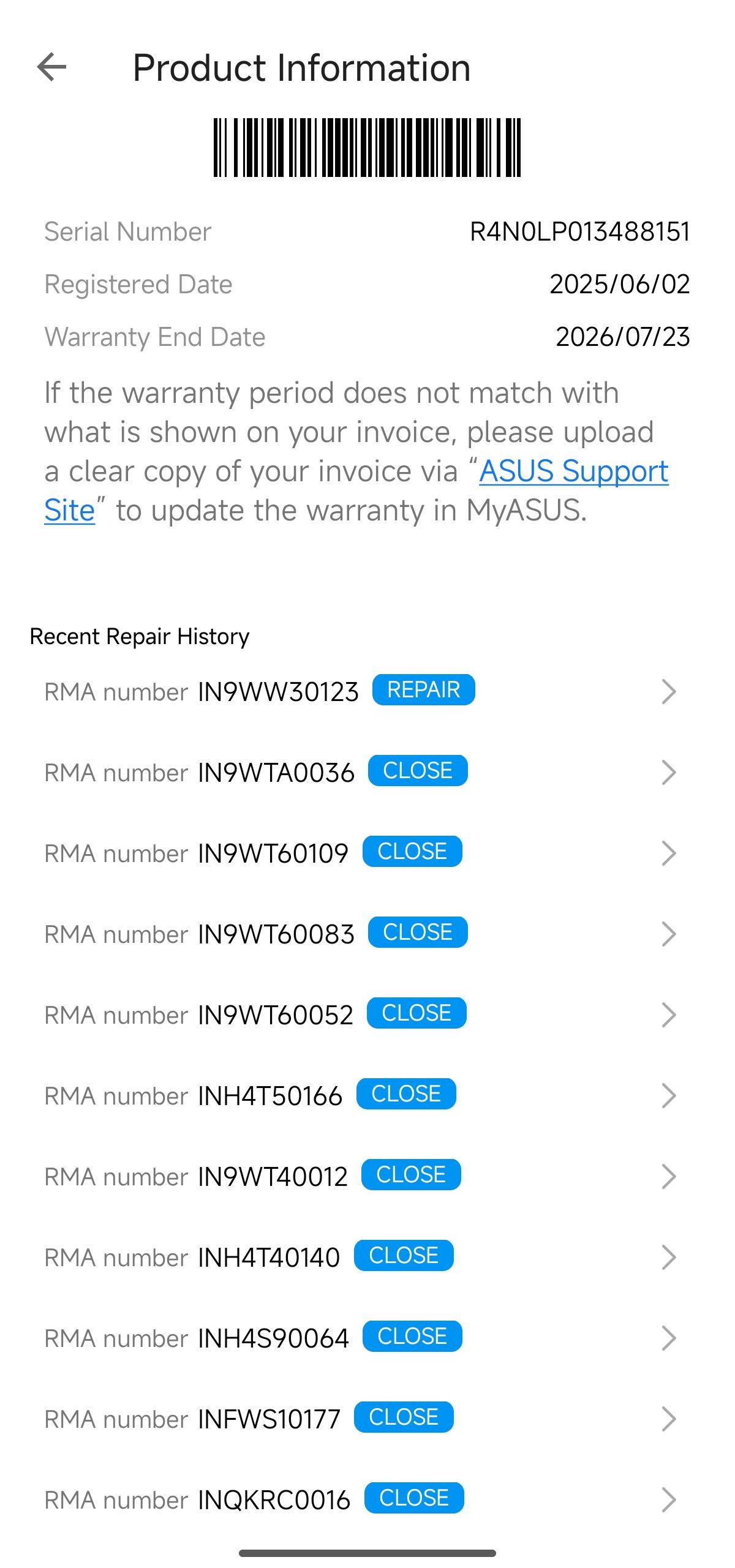 The image shows an ASUS product information screen with a serial number 'R4N0LP013488151,' registered date '2025/06/02,' warranty end date '2026/07/23,' and a list of recent repair history with multiple RMA numbers.