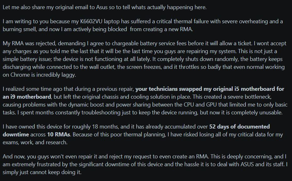 A detailed user complaint about an ASUS K6602VU laptop highlights thermal failure, motherboard replacement issues, and rejected RMA requests.