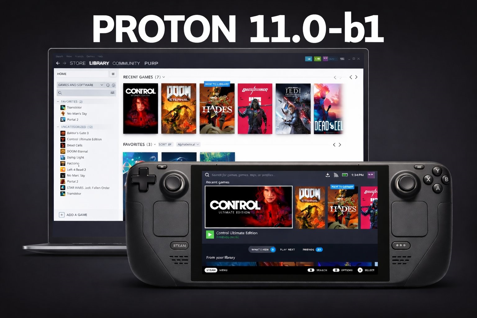A Steam Deck handheld console displays the game library featuring Control Ultimate Edition and DOOM Eternal, with the text 'PROTON 11.0-b1' visible on a screen in the background.