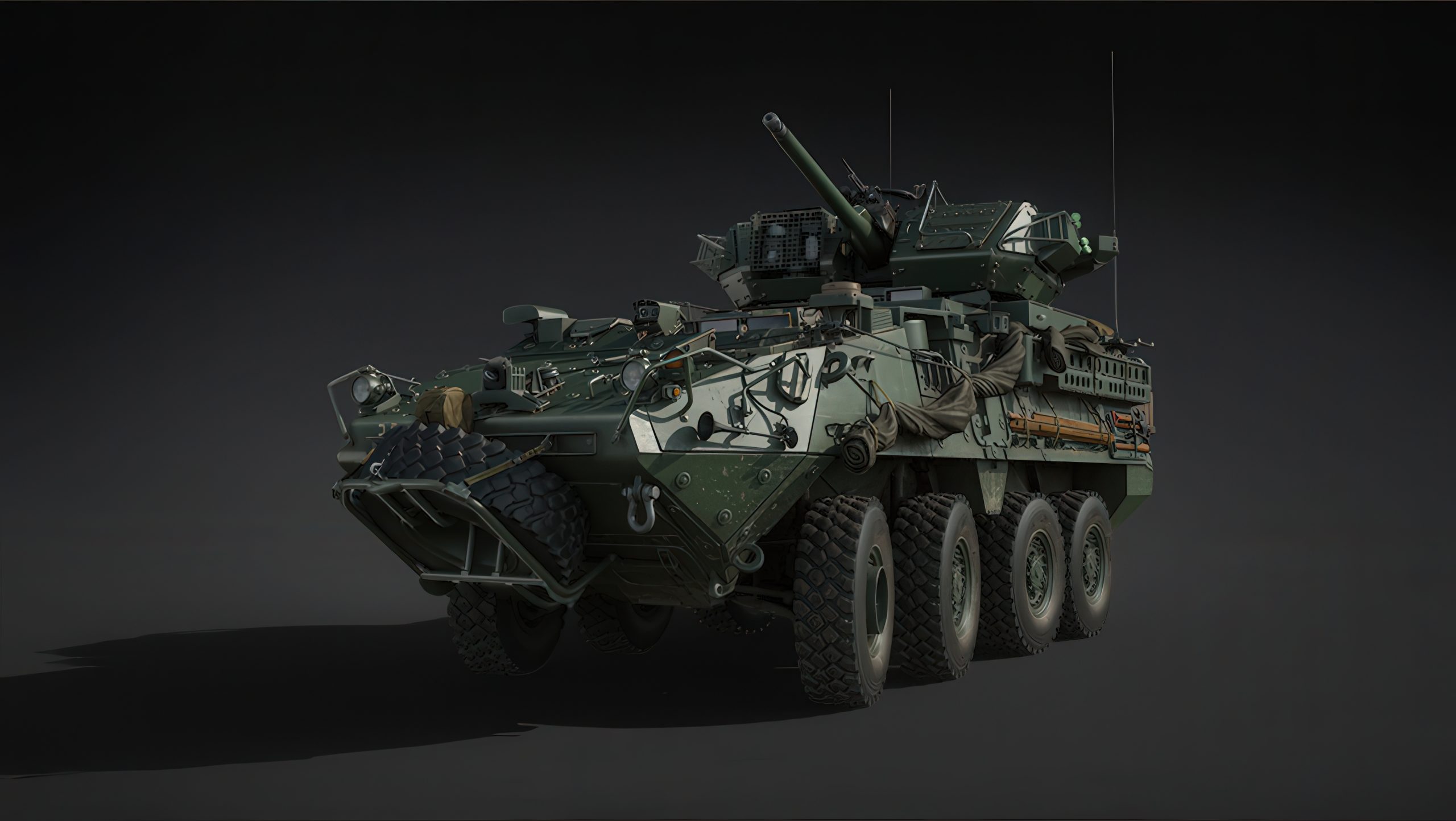 A detailed digital rendering of a military armored vehicle featuring eight wheels and a mounted cannon on a matte background.