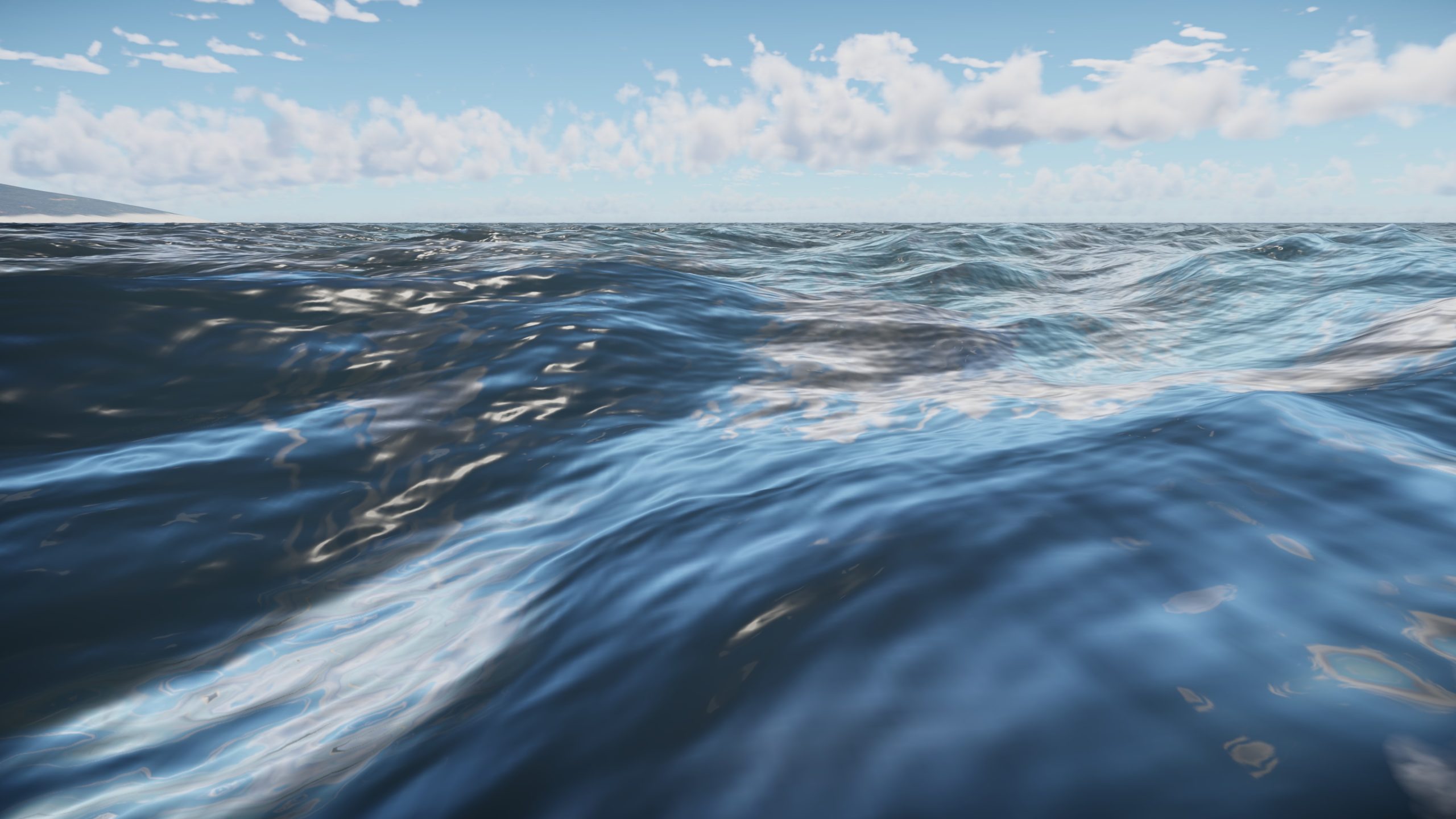 A realistic ocean wave simulation under a clear blue sky with scattered clouds.