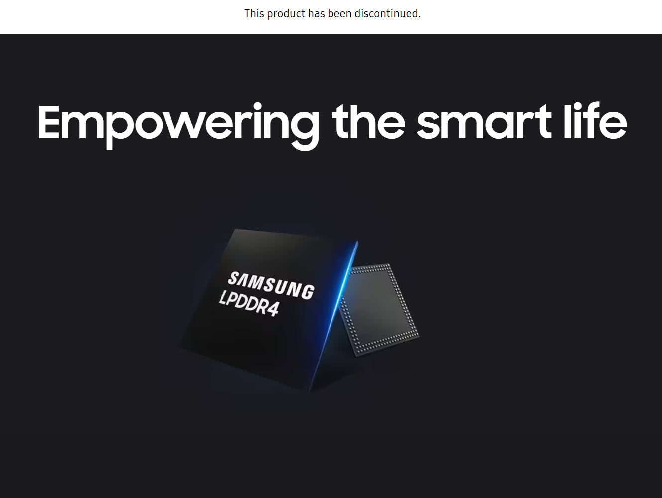 A Samsung LPDDR4 chip is displayed with the text 'Empowering the smart life' above it.