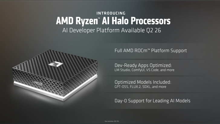 The image shows an AMD Ryzen AI Halo Processor with text announcing its availability in Q2 2026, featuring 'Full AMD ROCm Platform Support' and optimized for 'Dev-Ready Apps: LM Studio, ComfyUI, VS Code.'