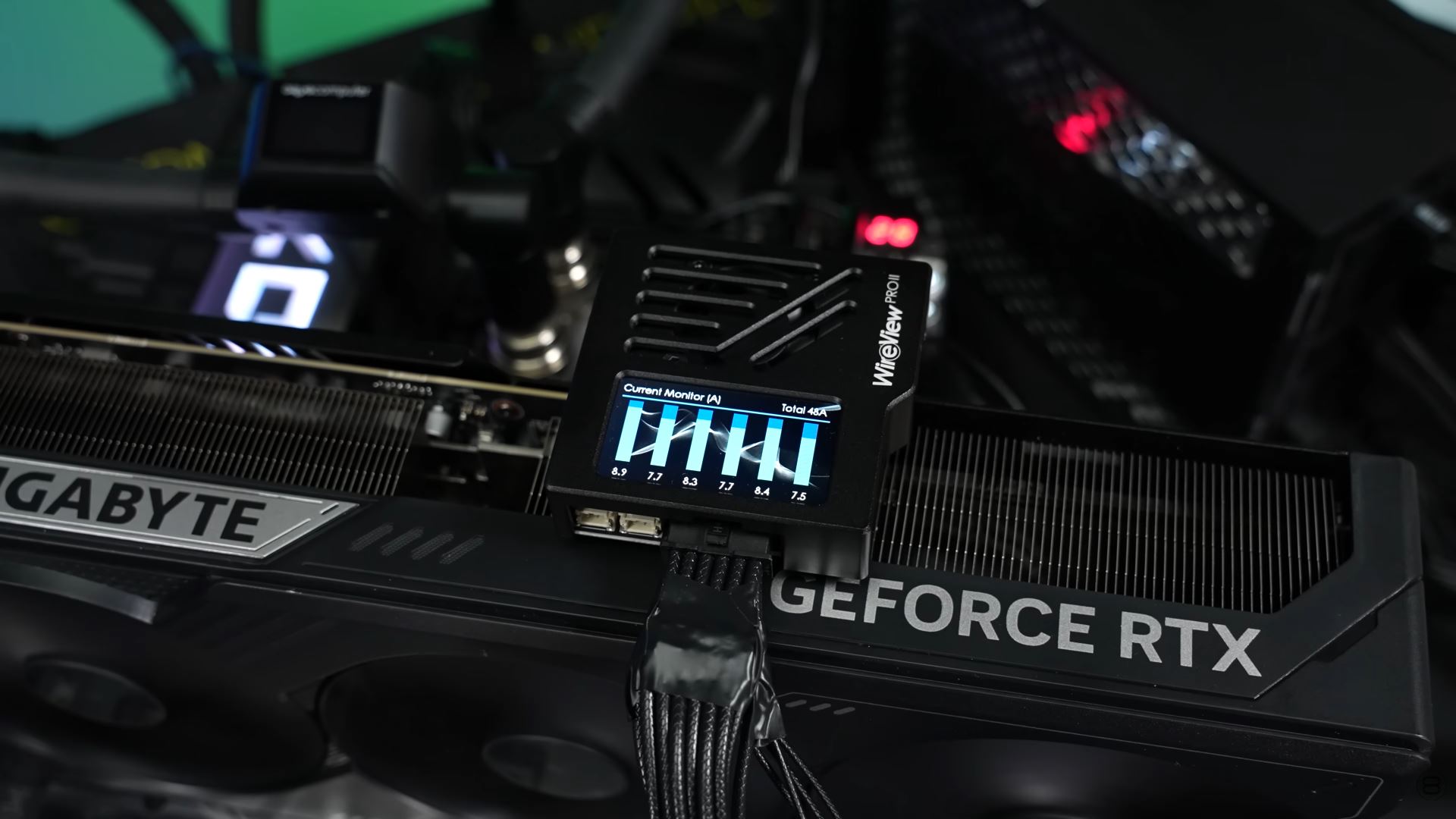 A WireView Pro II device displays 'Current Monitor' readings on a Gigabyte GeForce RTX graphics card.