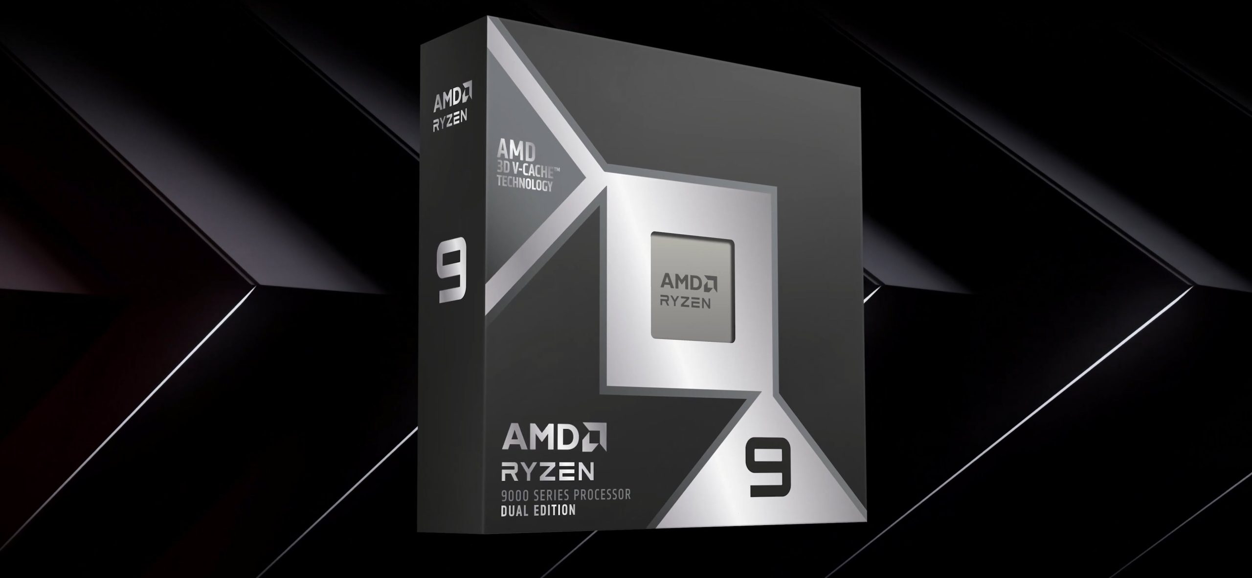 A boxed AMD Ryzen 9 9000 Series Processor featuring '3D V-Cache Technology' and labeled 'Dual Edition'.