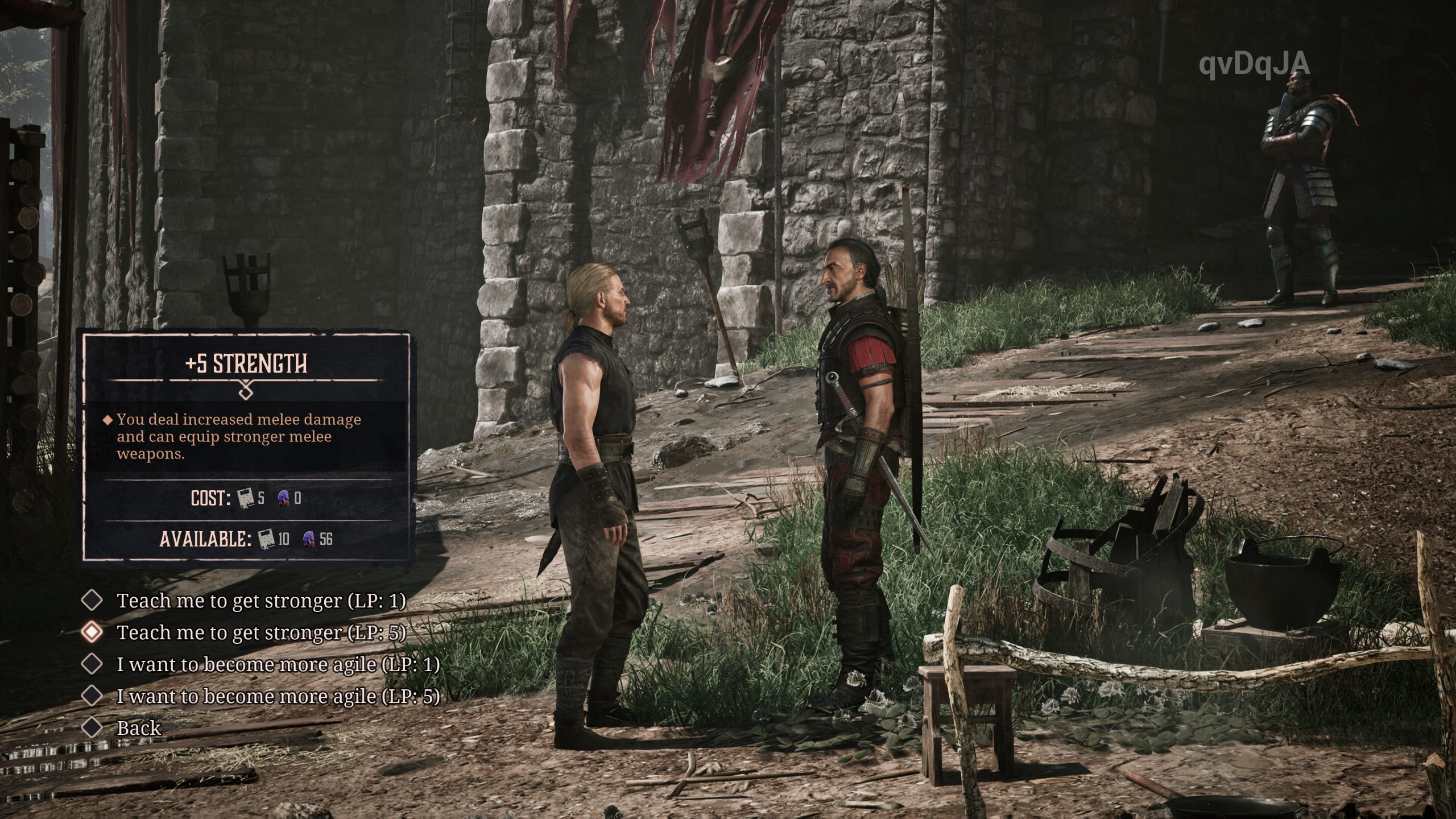 In the game 'Gothic 1 Remake,' two characters are engaging in conversation with an on-screen dialog option highlighting 'Teach me to get stronger (LP: 5)' and a description of '+5 Strength.'