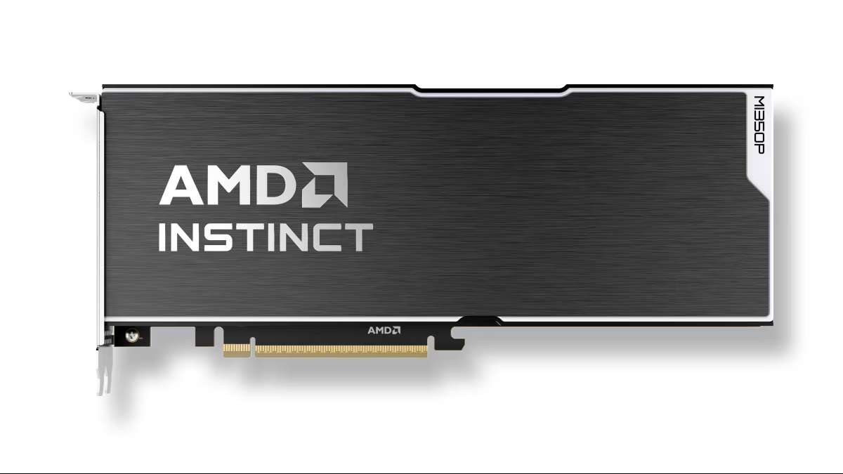 AMD Instinct MI350P GPU with a brushed metal finish and visible PCIe connector.
