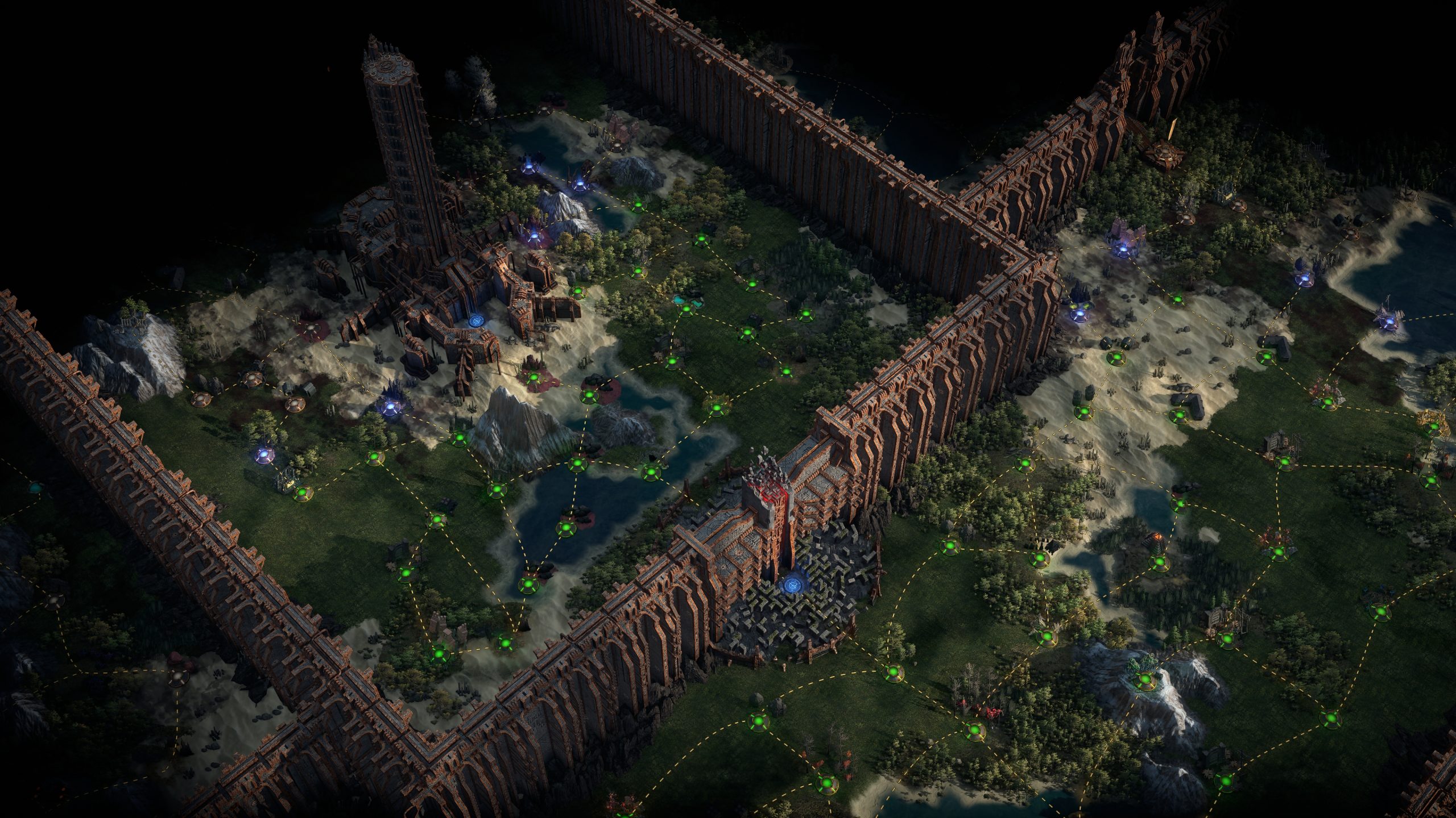 A detailed overhead view of a fortified city in the game Path of Exile 2, showing a network of structures, walls, and green energy nodes.