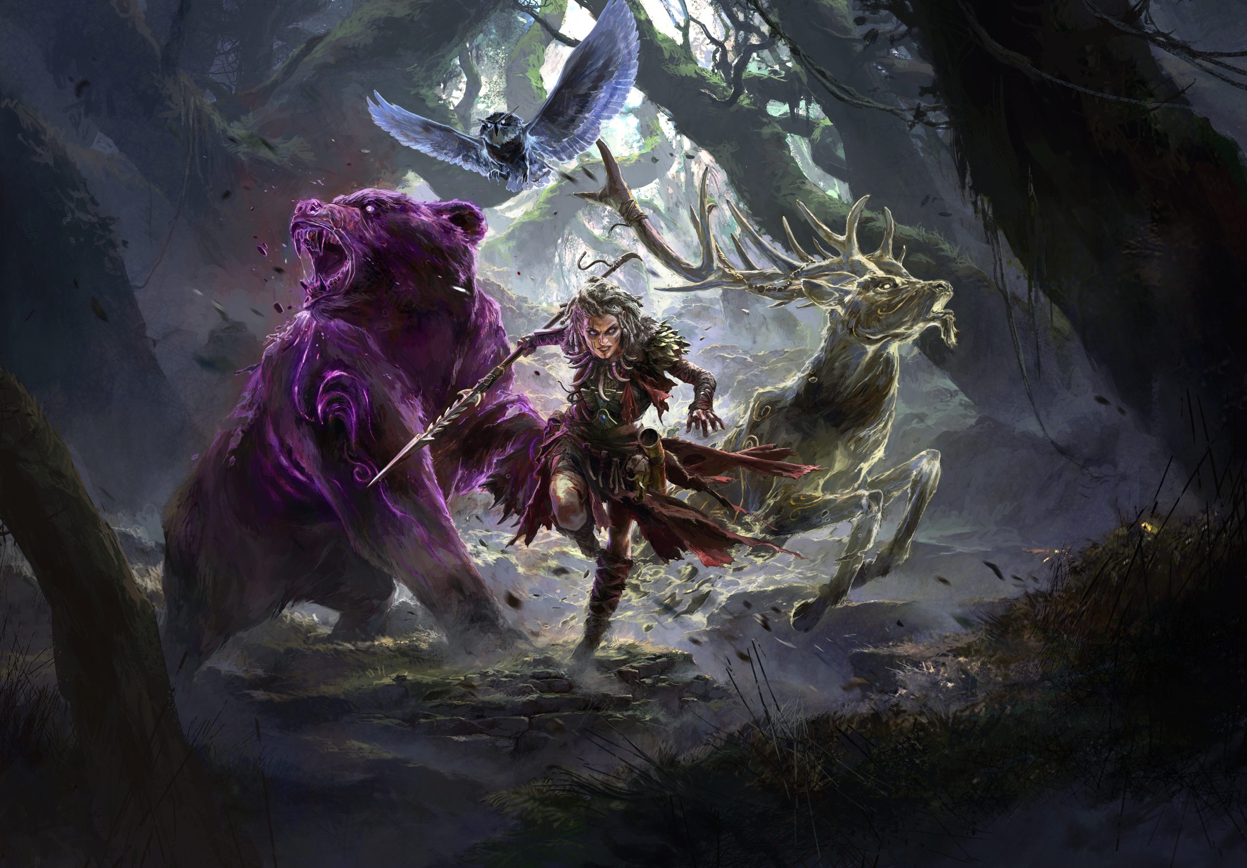 A character in 'Path of Exile 2' surrounded by a mystical bear, deer, and owl in an enchanted forest.
