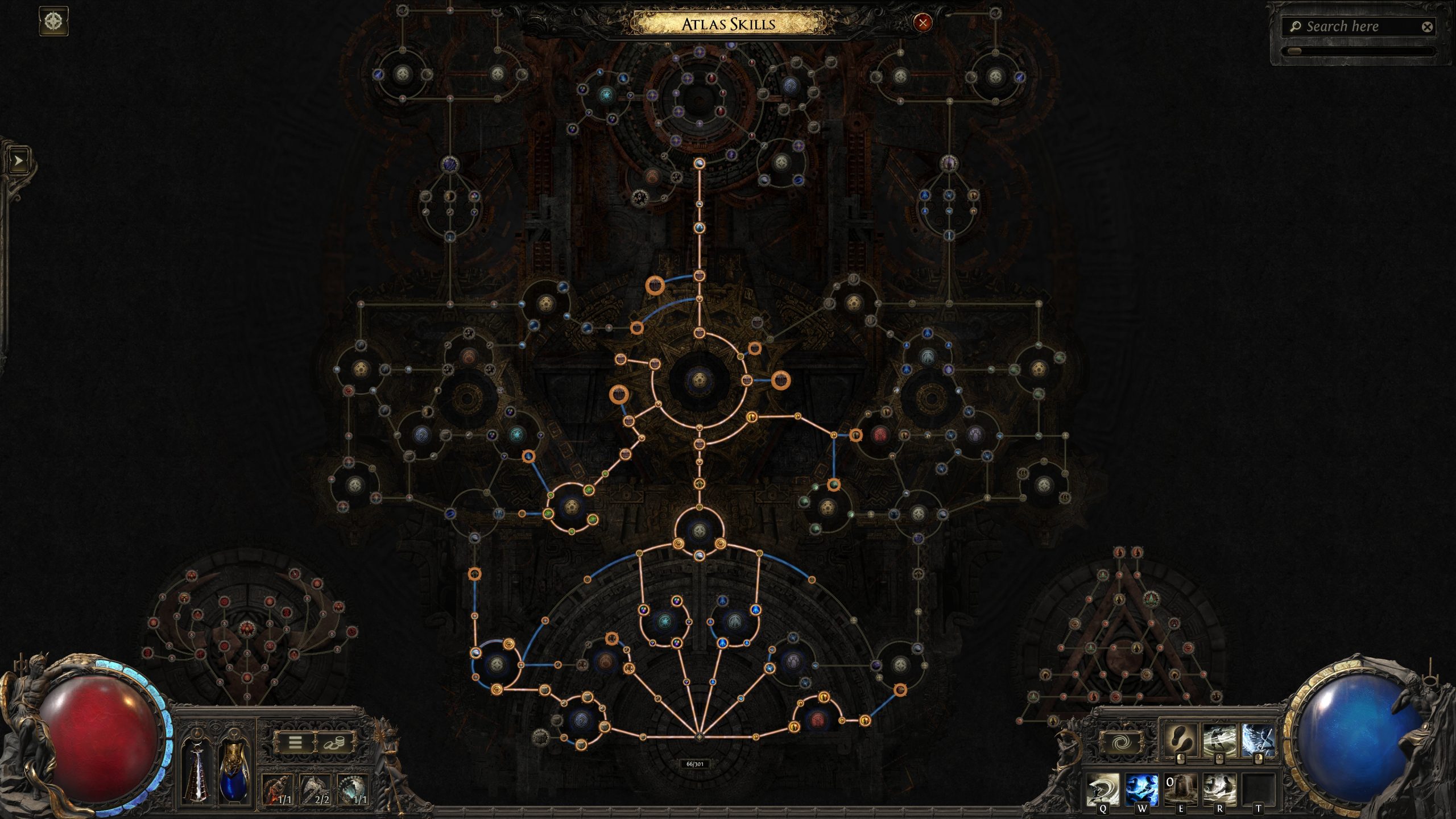 An 'Atlas Skills' tree interface from the game Path of Exile showing interconnected nodes and pathways.