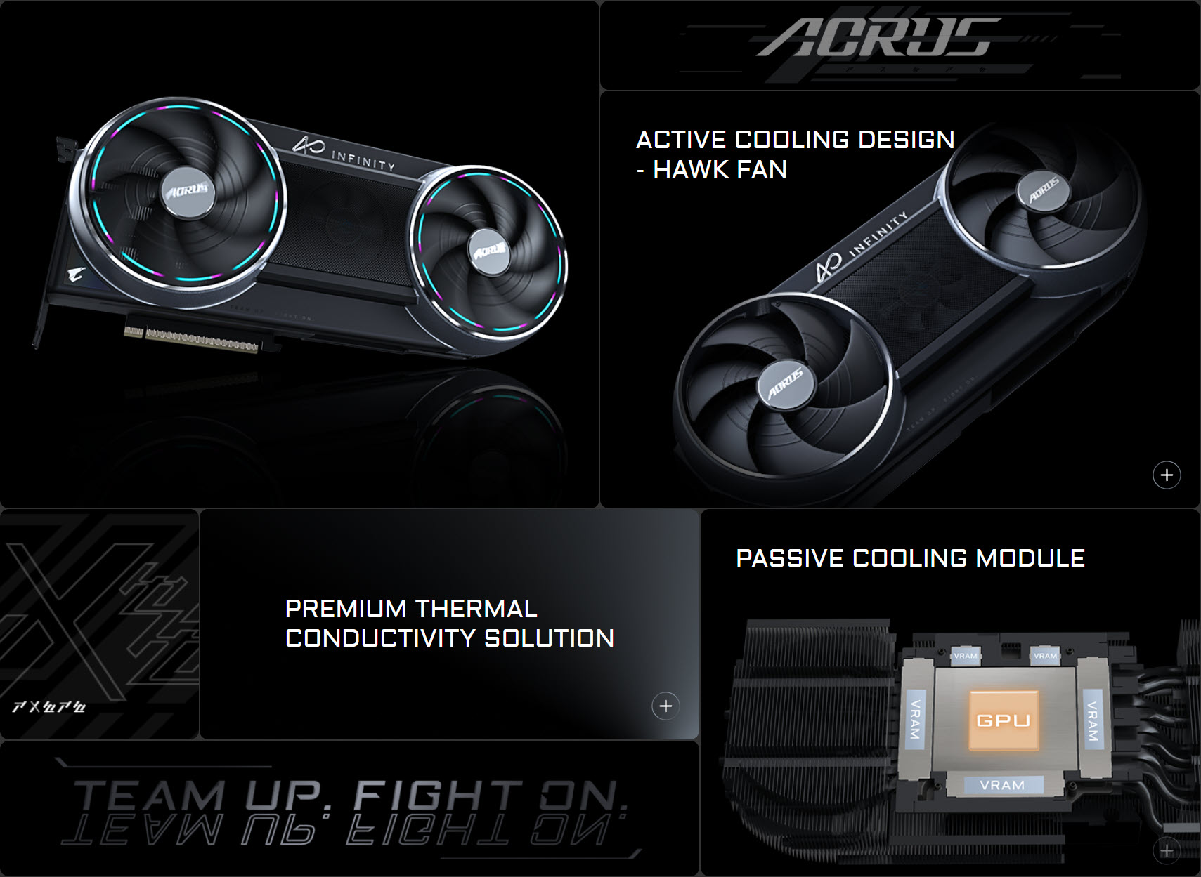 The image shows the AORUS Infinity graphics card featuring 'ACTIVE COOLING DESIGN - HAWK FAN,' alongside a 'PASSIVE COOLING MODULE' layout with labeled 'VRAM' and 'GPU' sections, emphasizing a 'PREMIUM THERMAL CONDUCTIVITY SOLUTION.'