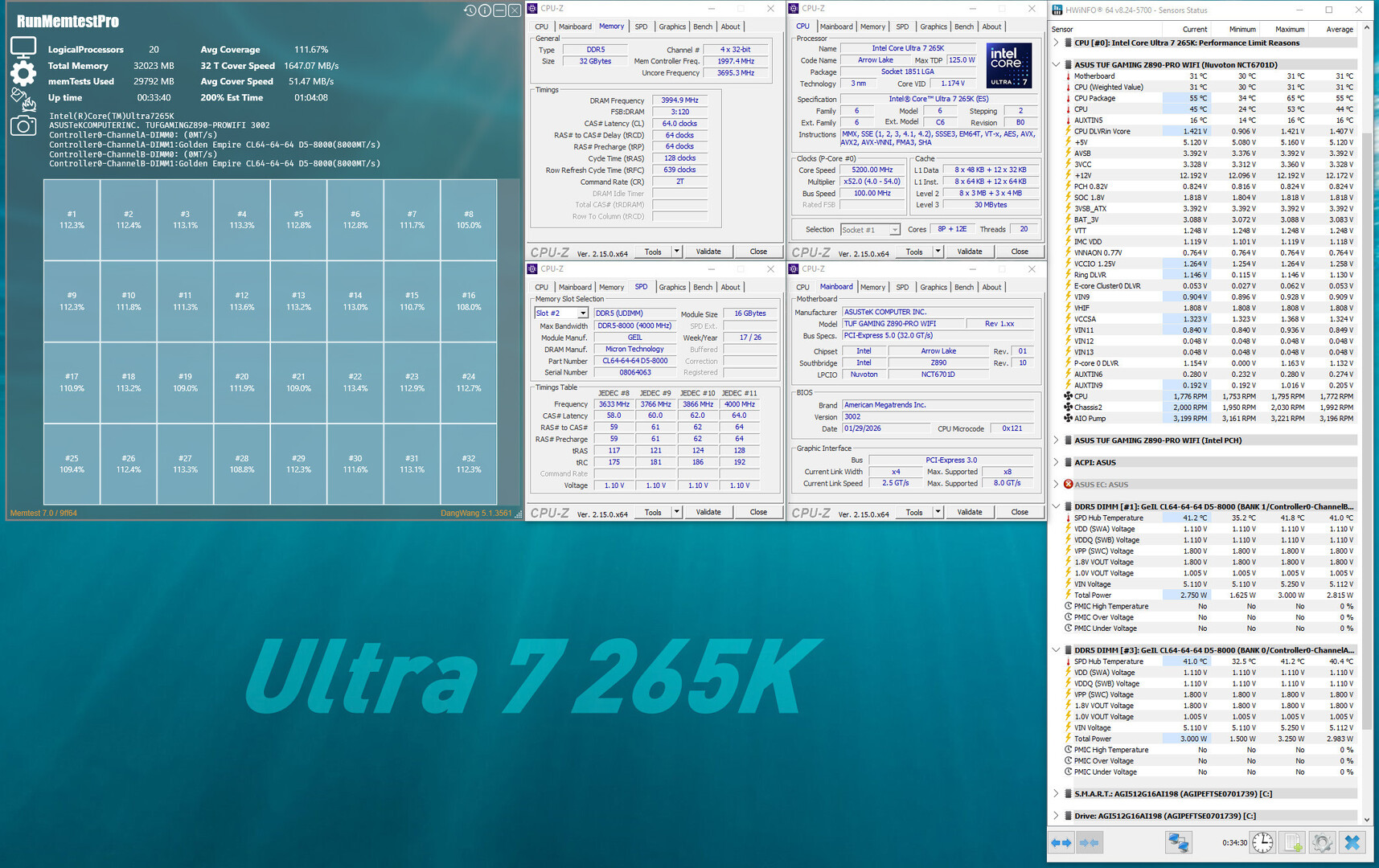 A screenshot showing 'RunMemtestPro' with 'Ultra 7 265K', displaying memory test results and CPU-Z information for an Intel Core Ultra 7 265K processor and ASUS TUF GAMING Z690-PRO WIFI D5 motherboard.