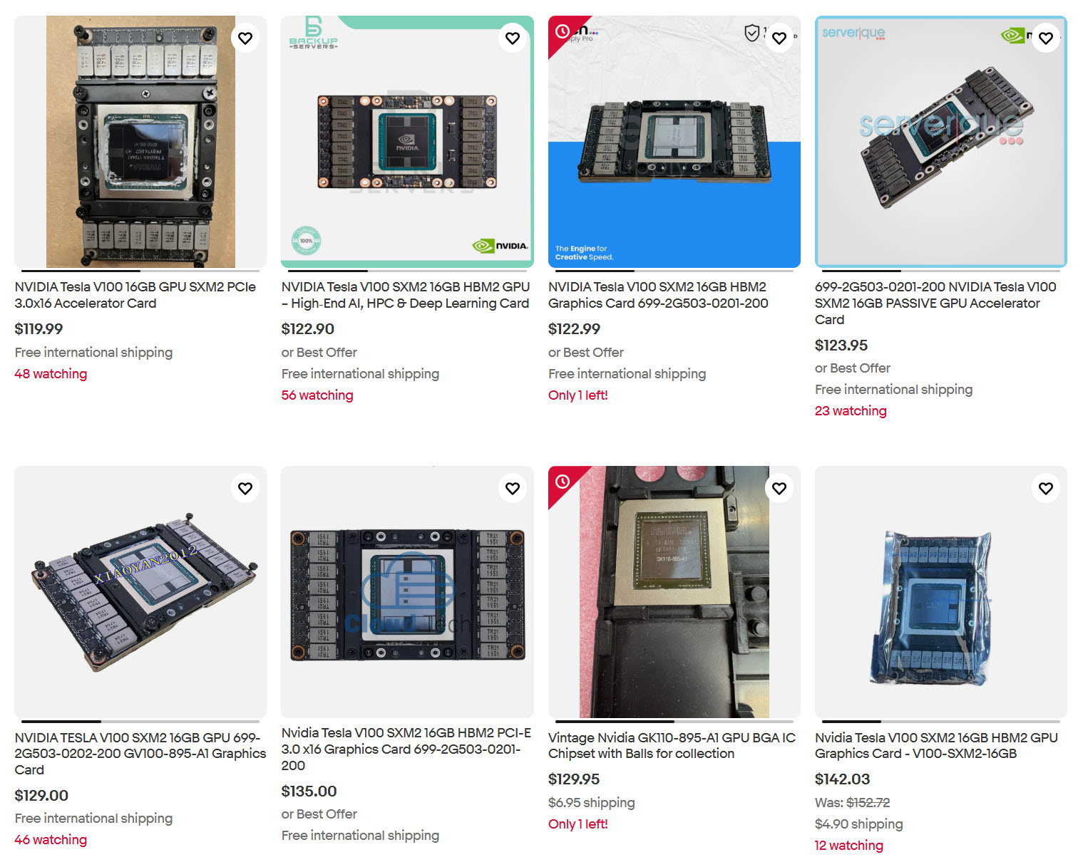 A grid of product listings on an e-commerce site shows various NVIDIA Tesla V100 16GB GPU models, including SXM2 and HBM2 variants, with visible prices, stock availability, and seller information.