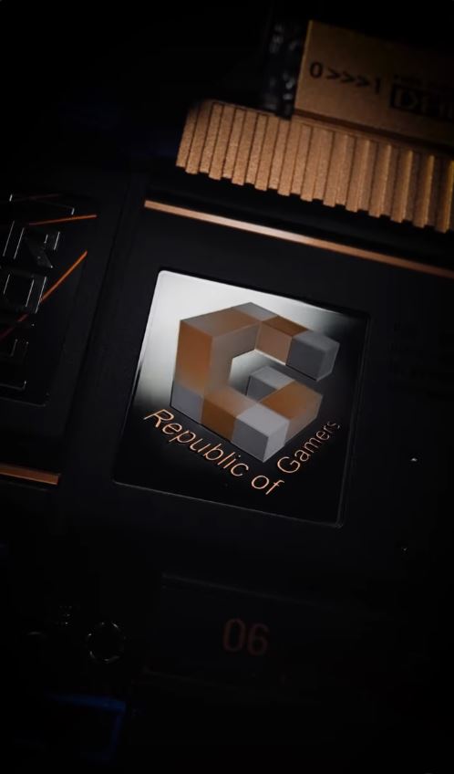 A close-up of an ASUS ROG chip with the 'Republic of Gamers' logo prominently displayed.