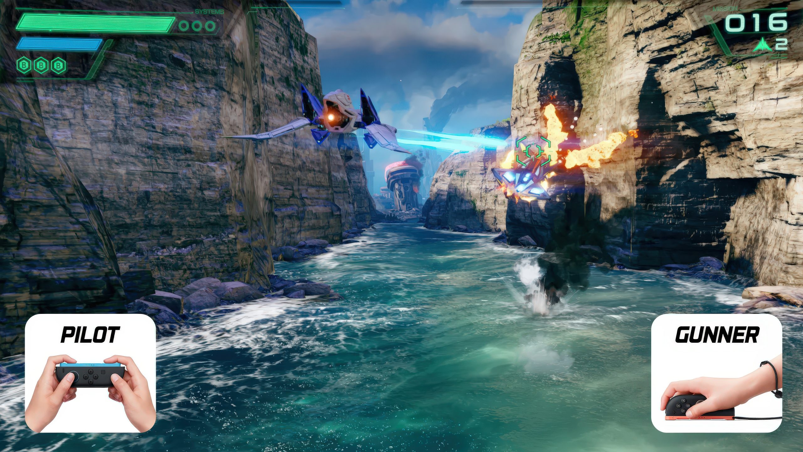 A space combat video game scene shows two spacecrafts in a canyon with on-screen controls labeled 'PILOT' and 'GUNNER.'