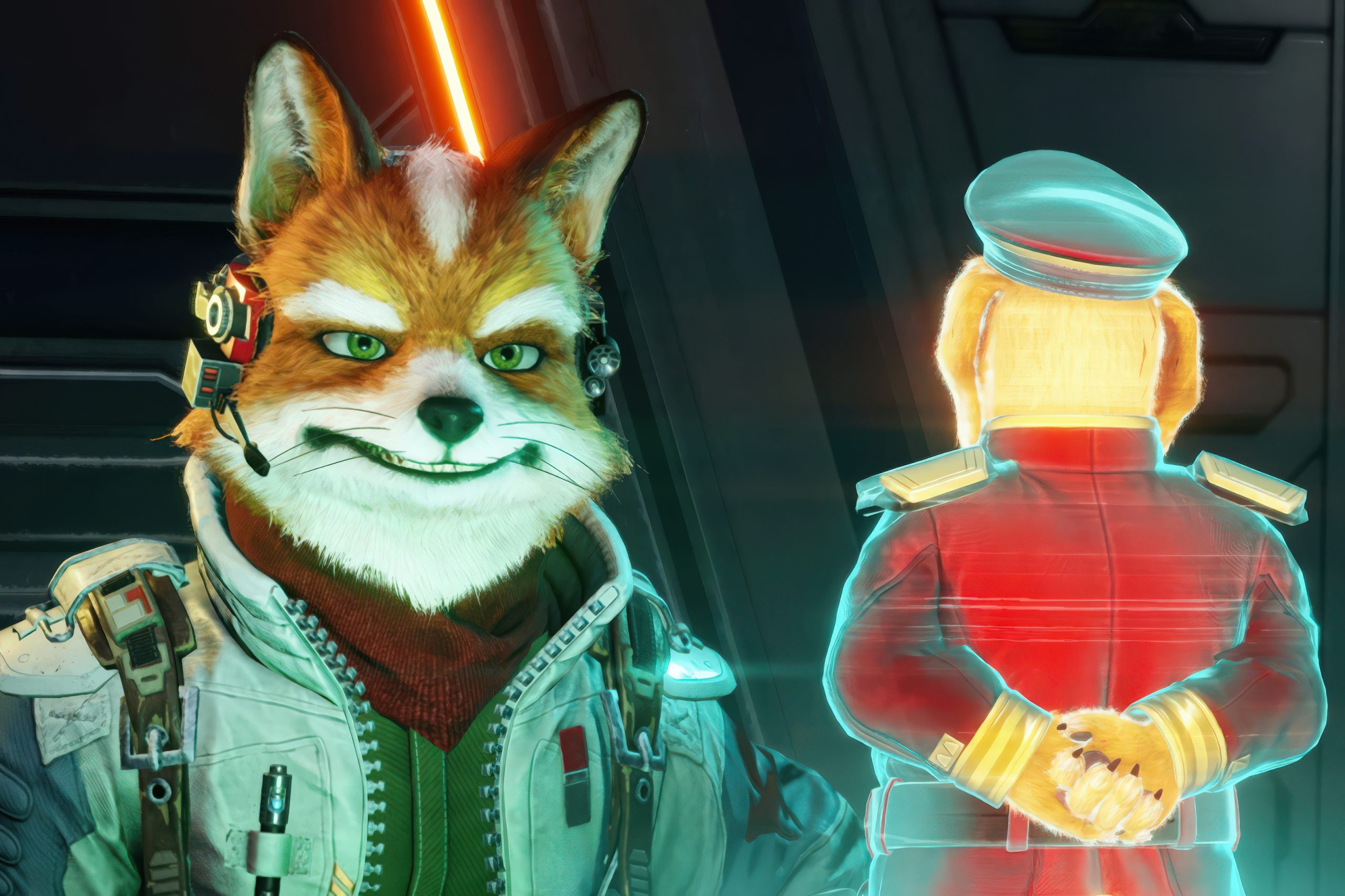 An anthropomorphic fox character in a futuristic pilot suit communicates with a glowing holographic figure in a military uniform, featuring detailed textures and vibrant colors.