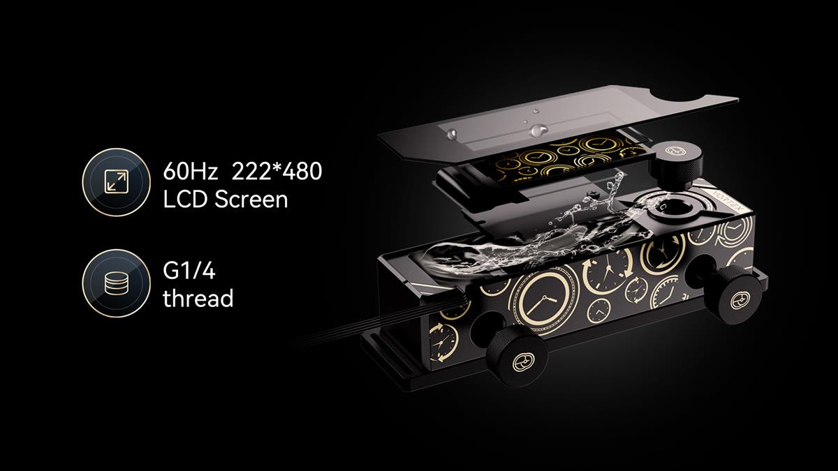 A digital illustration showcases a liquid cooling component with visible text '60Hz 222*480 LCD Screen' and 'G1/4 thread', featuring a graphic of flowing liquid and clock imagery.