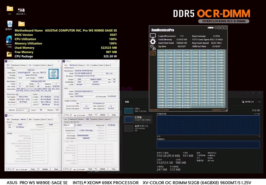 CPU-Z screenshot showing 'ASUSTeK COMPUTER INC. Pro WS W890E-SAGE SE' motherboard and 'Intel Xeon 698X' processor with a DDR5 overclocking software running tests on a 512GB memory.