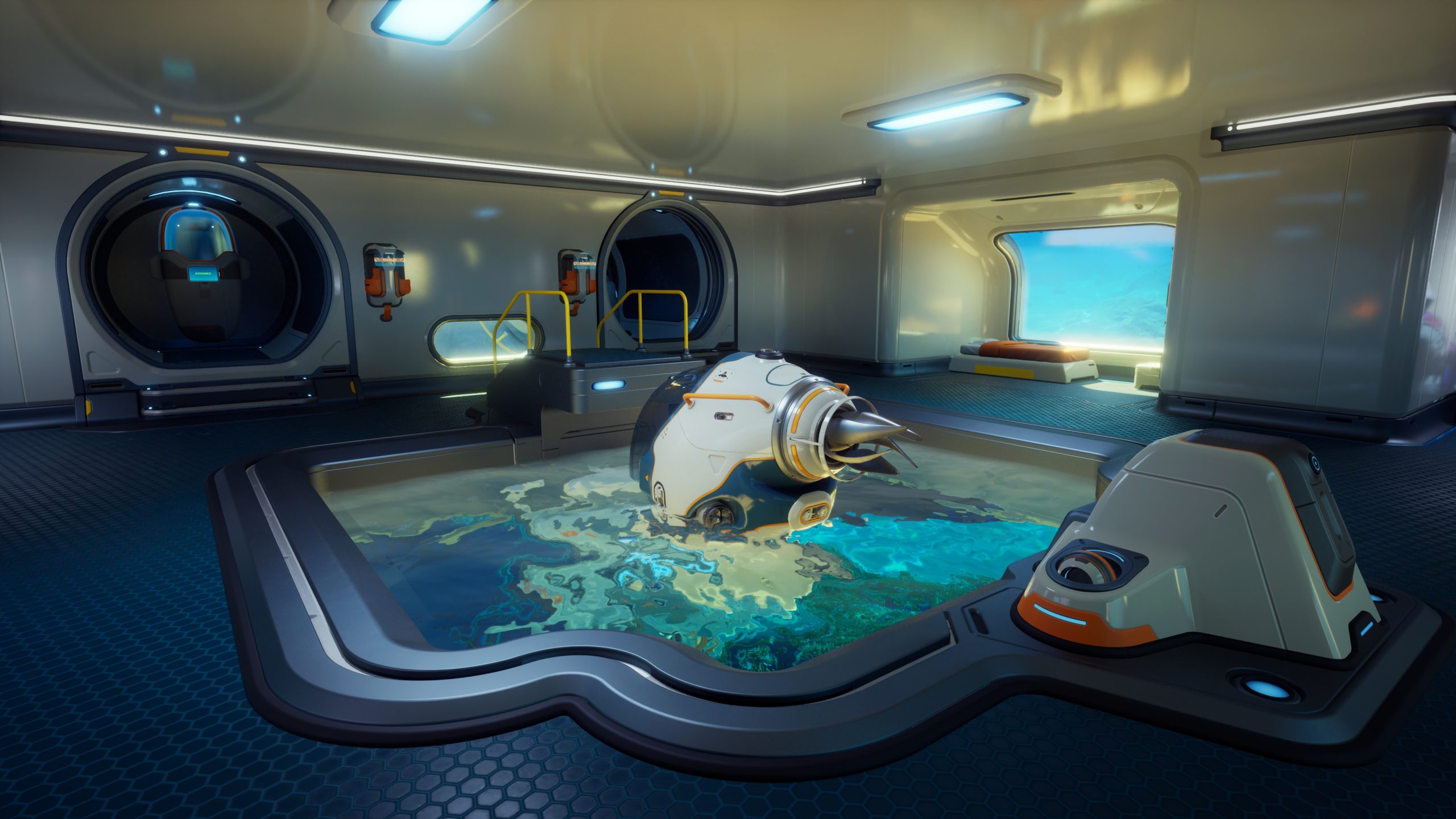 A futuristic underwater base interior from the game 'Subnautica 2' featuring a docking bay with a small submarine partially submerged in a pool.