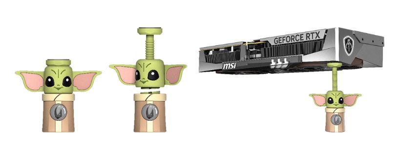 A cutaway view showing an MSI GeForce RTX graphics card supported by a Yoda-themed GPU support bracket.