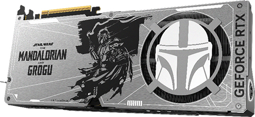 A Star Wars-themed NVIDIA GeForce RTX graphics card featuring 'Star Wars The Mandalorian and Grogu' artwork on its casing.