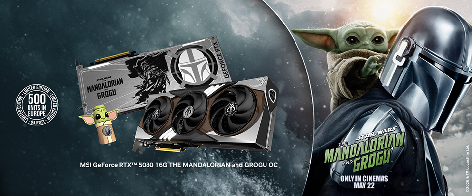MSI GeForce RTX 5080 16G THE MANDALORIAN and GROGU OC with a design featuring THE MANDALORIAN GROGU text and characters from the series, limited to 500 units in Europe.