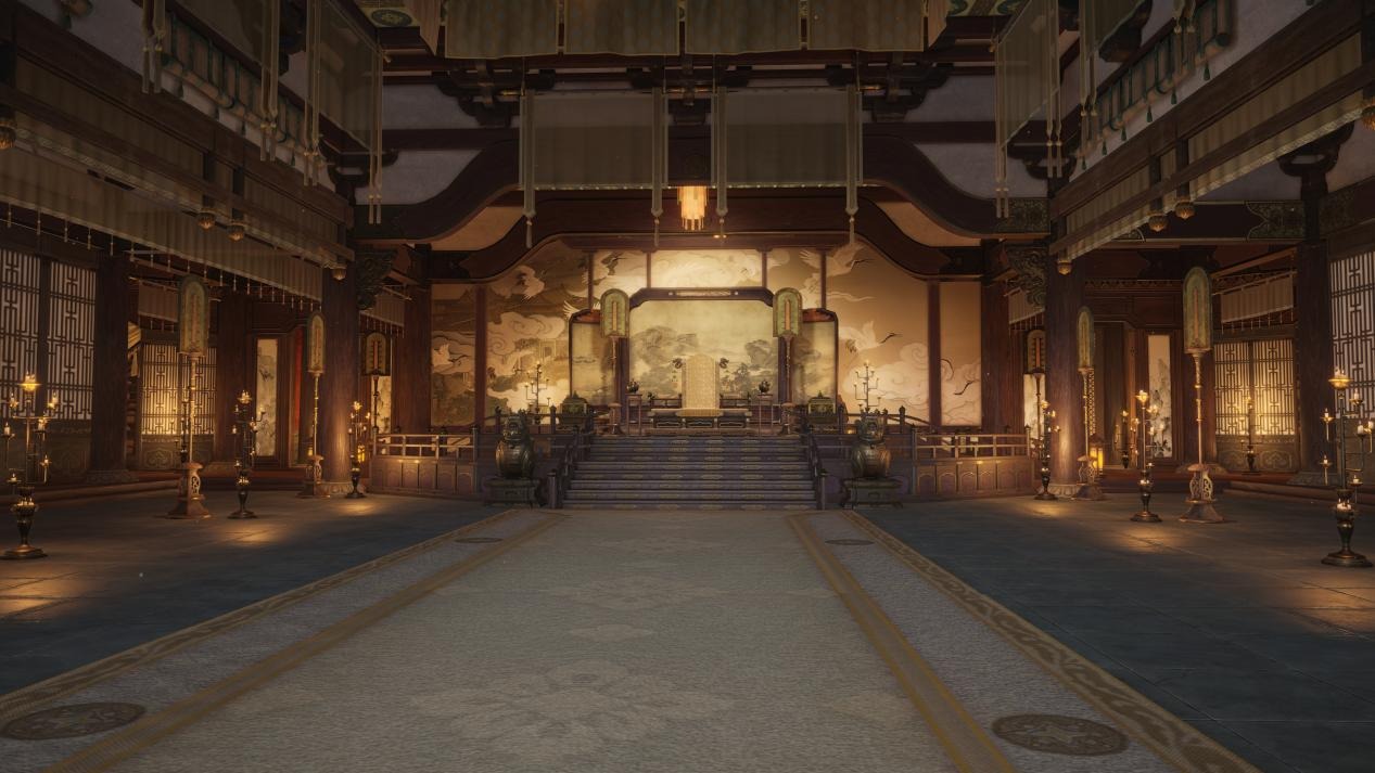 An ornate throne room with wooden columns, intricate wall art, and numerous glowing candles, featuring a central raised platform with a decorative throne.