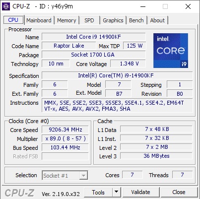 L'interface CPU-Z affiche les spécifications détaillées du processeur Intel Core i9-14900KF, dont une vitesse de cœur de 9206,34 MHz.