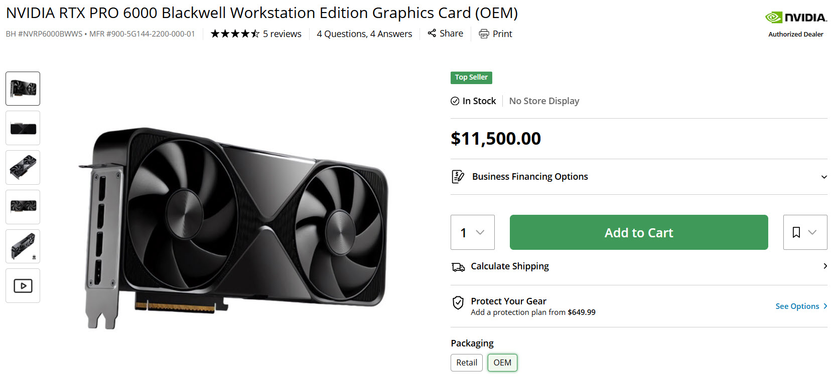 Carte graphique NVIDIA RTX PRO 6000 Blackwell Workstation Edition affichée à 11 500€ chez B&H Photo, avec options de financement professionnel.