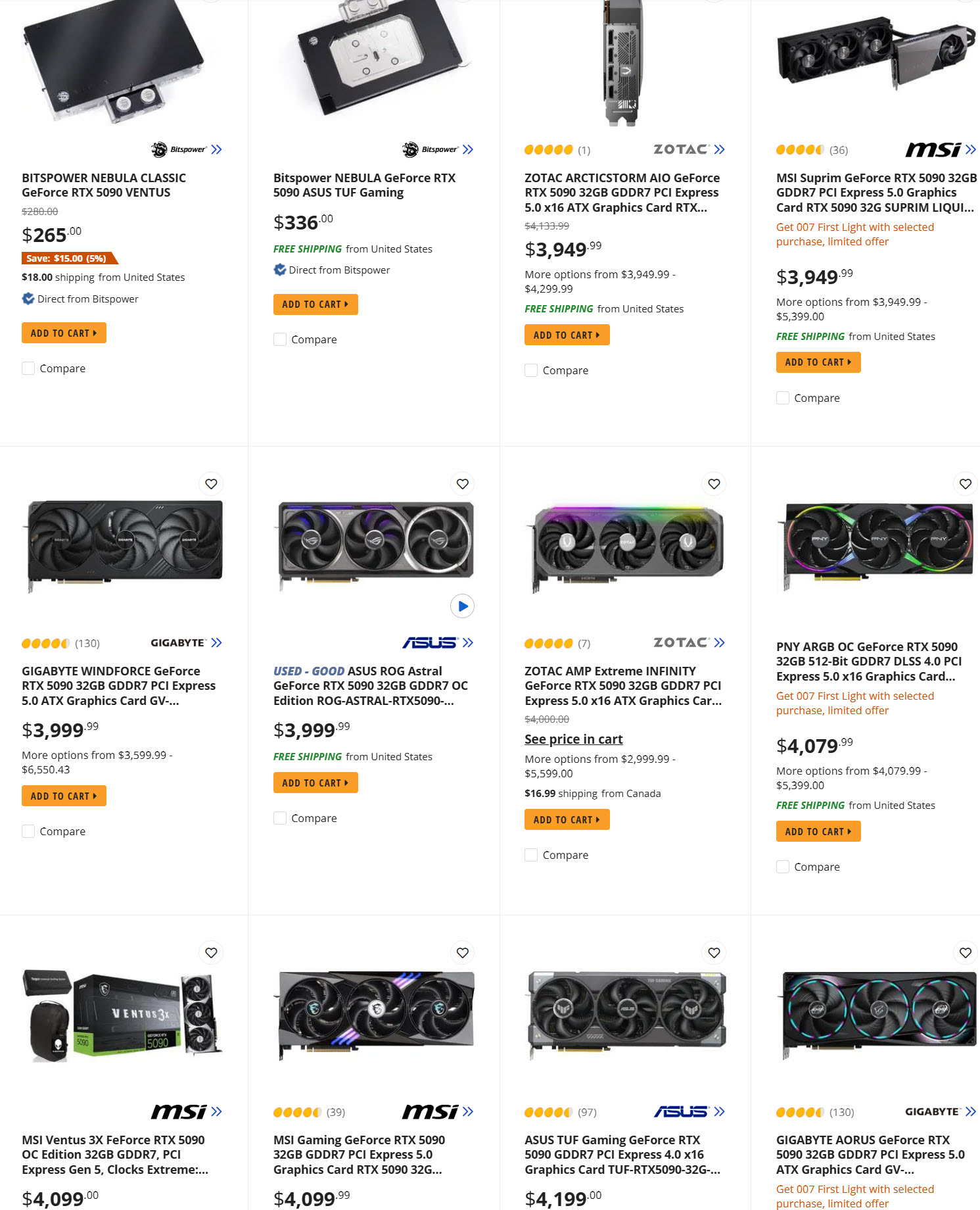 Tableau comparatif des prix et modèles de cartes graphiques GeForce RTX 5090 (Bitspower, ZOTAC, MSI, Gigabyte).