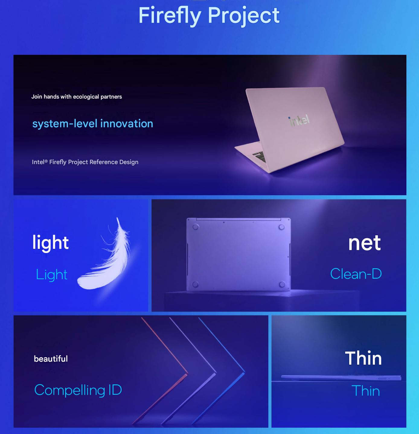 The image features the Intel Firefly Project laptop with on-image text 'system-level innovation,' highlighting its light, beautiful design and clean features.