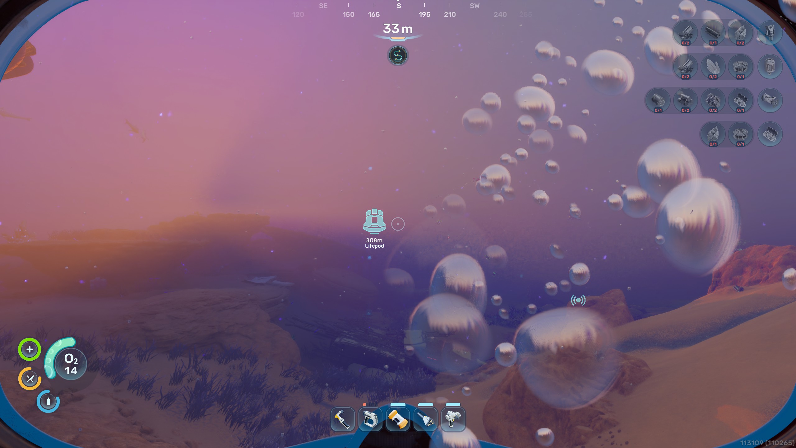 Un environnement sous-marin avec des bulles et une interface indiquant une profondeur de '33m', un niveau d'oxygène 'O2 14' et une distance '308m Capsule'.