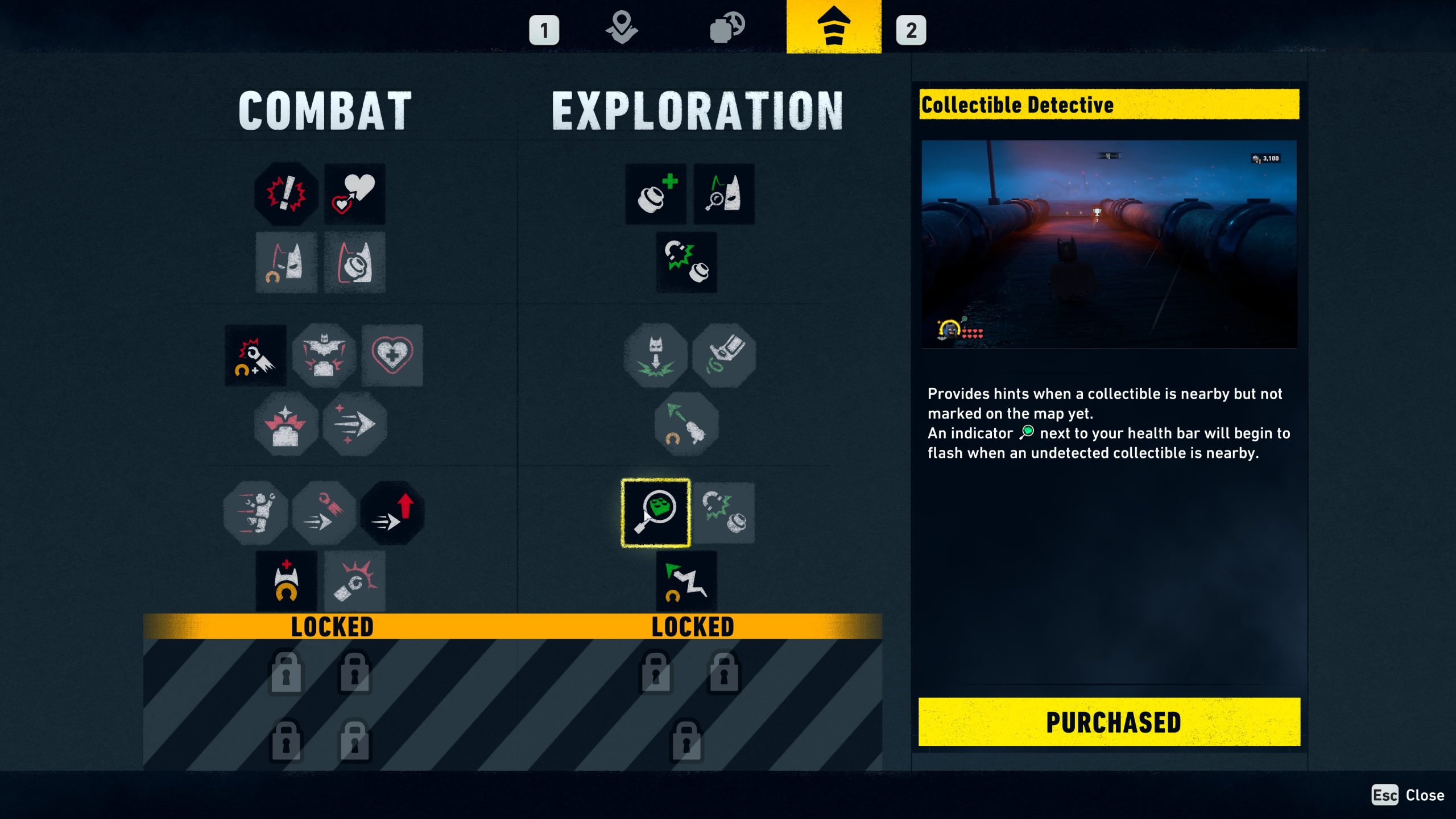 Un arbre de compétences dans un jeu vidéo montre les sections Combat et Exploration, avec la capacité Détective des Collections mise en surbrillance et marquée comme ACHETÉE. Elle donne des indices pour les objets à collectionner proches qui ne sont pas encore sur la carte.