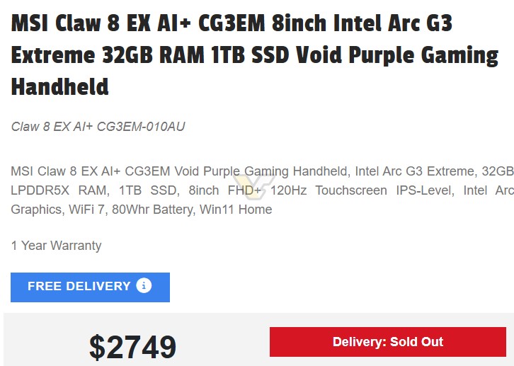 The MSI Claw 8 EX AI+ CG3EM Void Purple Gaming Handheld features an Intel Arc G3 Extreme, 32GB LPDDR5X RAM, 1TB SSD, and an 8-inch FHD+ 120Hz touchscreen, priced at $2749 and marked 'Delivery: Sold Out'.