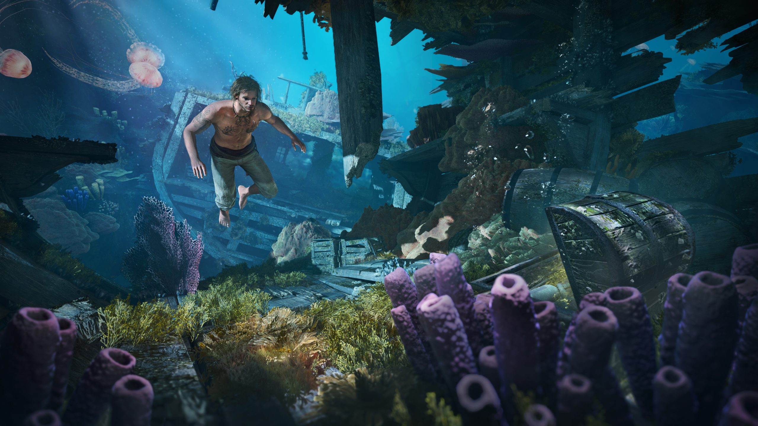 A character in the game Assassin's Creed: Black Flag explores an underwater shipwreck with coral and a treasure chest.