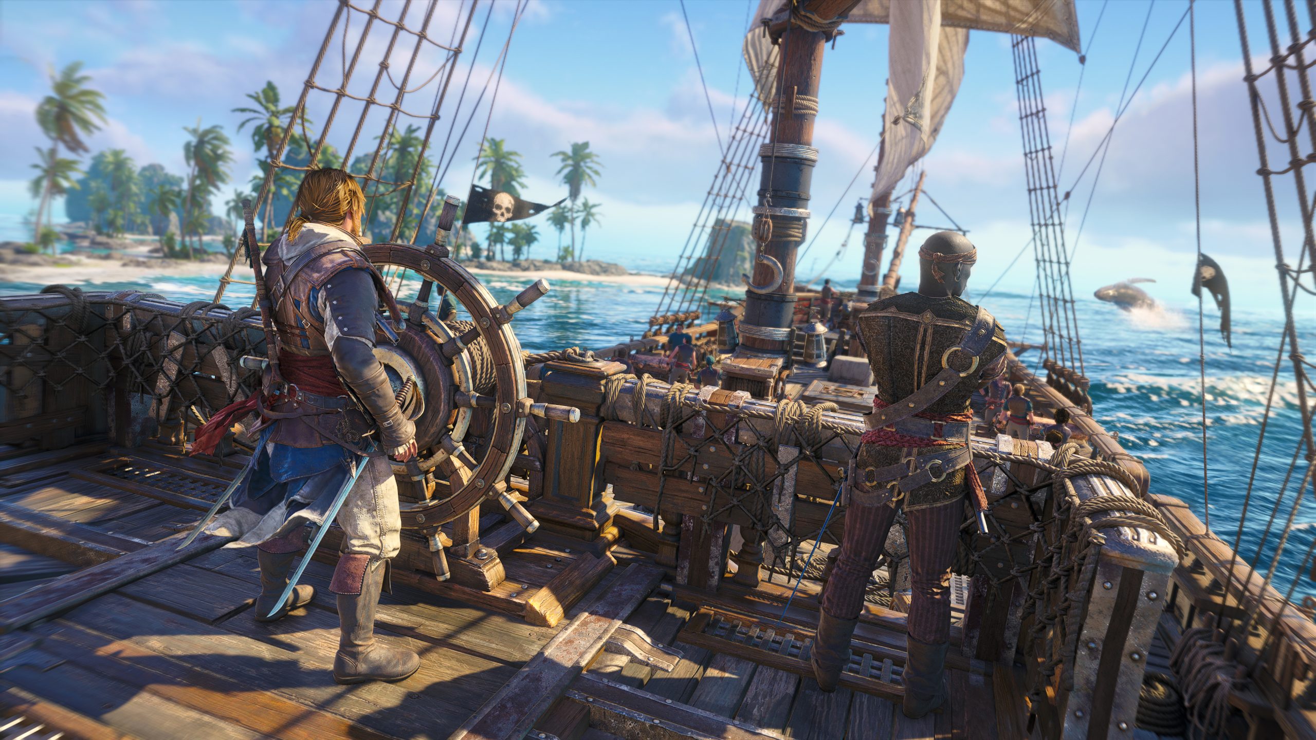 A character steering a ship in the game 'Assassin's Creed Black Flag Resynced,' sailing towards a tropical island with pirate flags displayed.