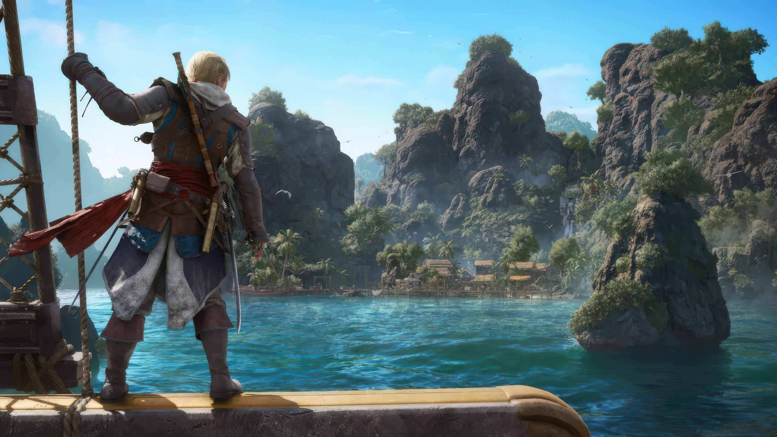 Un personnage d'Assassin's Creed Black Flag se tient sur un navire, regardant une île tropicale avec une végétation luxuriante.