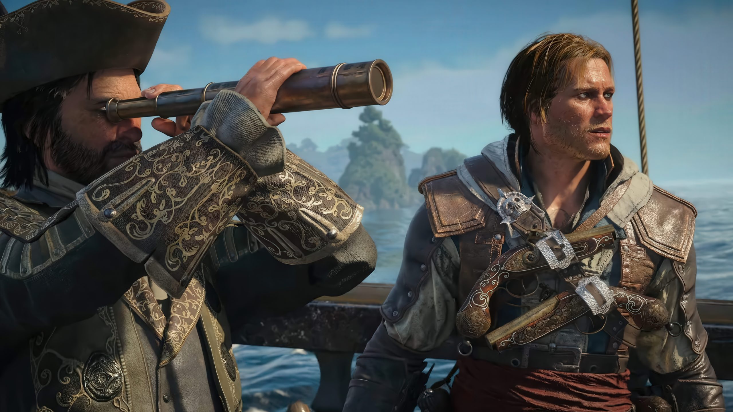 Deux personnages en tenue de pirate sur un navire, l'un utilisant une longue-vue tandis que l'autre regarde au loin.