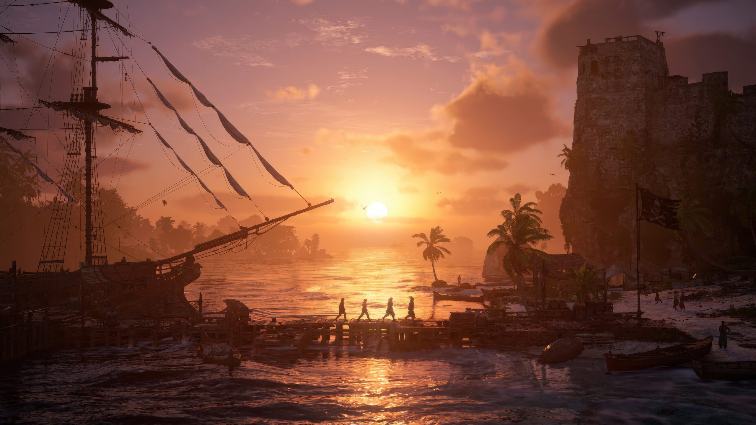 Une scène au coucher du soleil dans Assassin's Creed IV: Black Flag montre des silhouettes marchant sur un quai près d'un navire, avec un drapeau pirate volant près d'une forteresse.