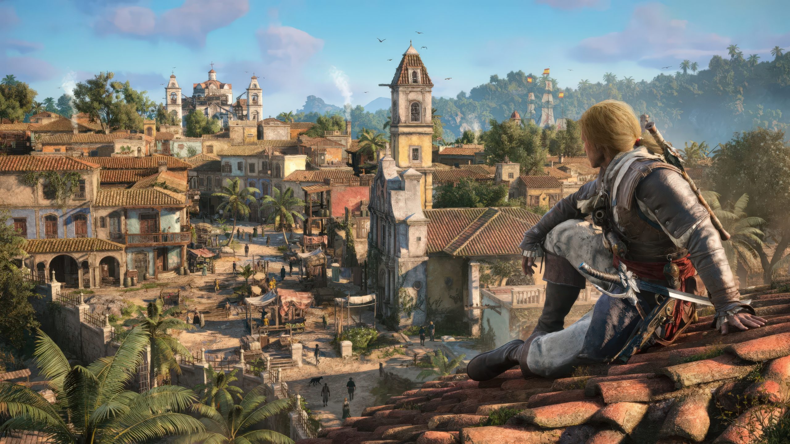 Un personnage d'Assassin's Creed IV: Black Flag assis sur un toit, surplombant une ville coloniale détaillée avec une église en arrière-plan.