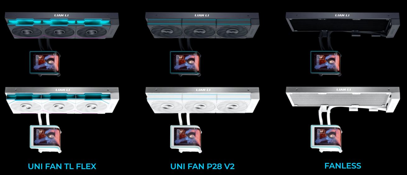 Lian Li présente trois variantes : 'UNI FAN TL FLEX,' 'UNI FAN P28 V2,' et une unité 'FANLESS', chacune avec un écran de température et des caractéristiques distinctes.
