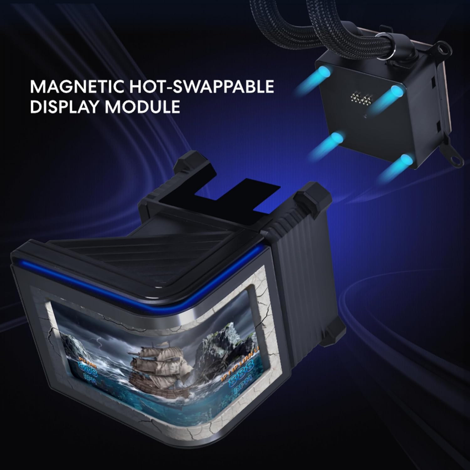 Illustration d'un 'Module d'écran magnétique interchangeable' avec une image pirate et un composant aux effets lumineux bleus.