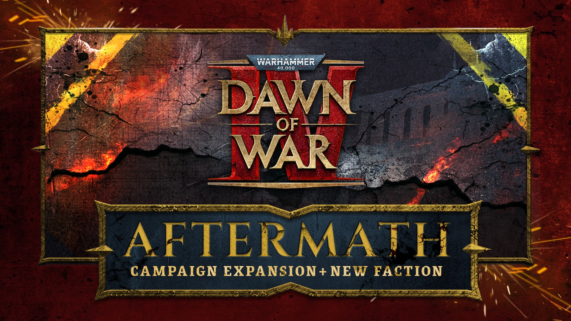 The image features the 'Warhammer 40,000 Dawn of War IV' logo with the text 'Aftermath Campaign Expansion + New Faction' on a cracked, fiery background.