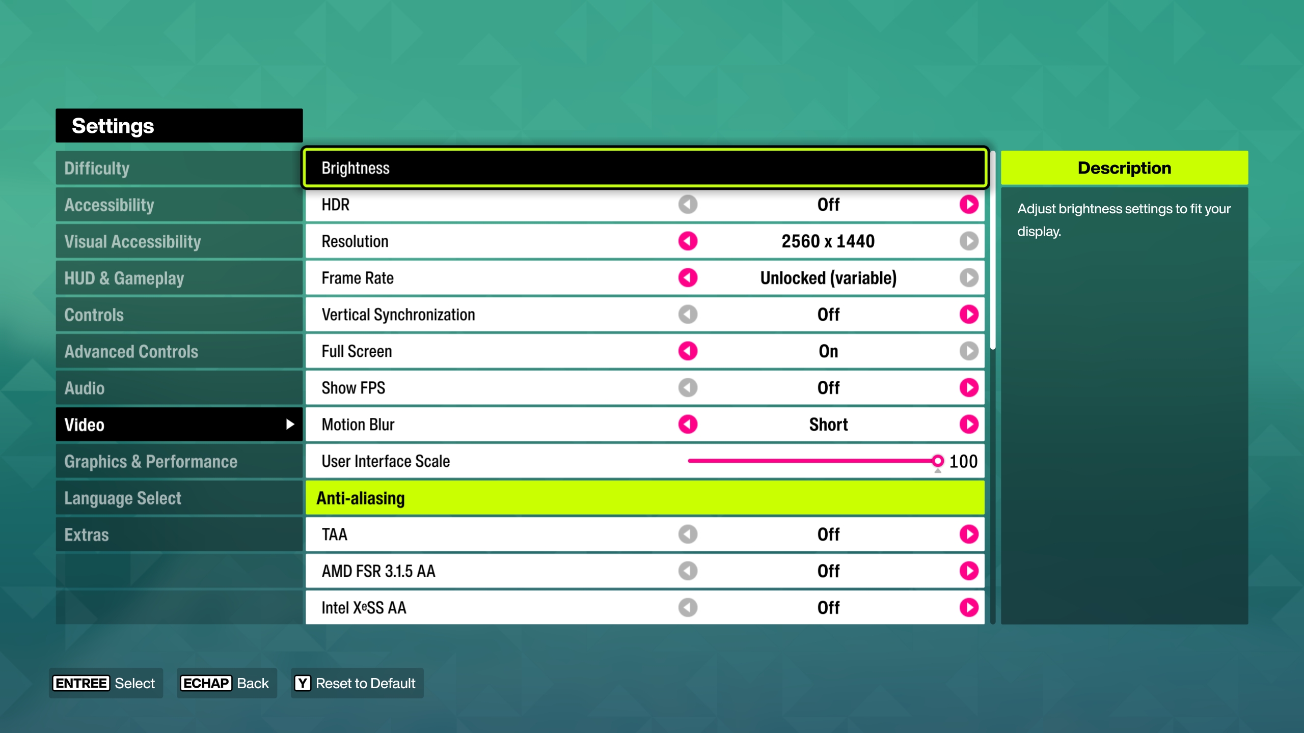 Menu des paramètres vidéo d'un jeu avec des options comme 'Résolution' et 'Anticrénelage' en surbrillance.