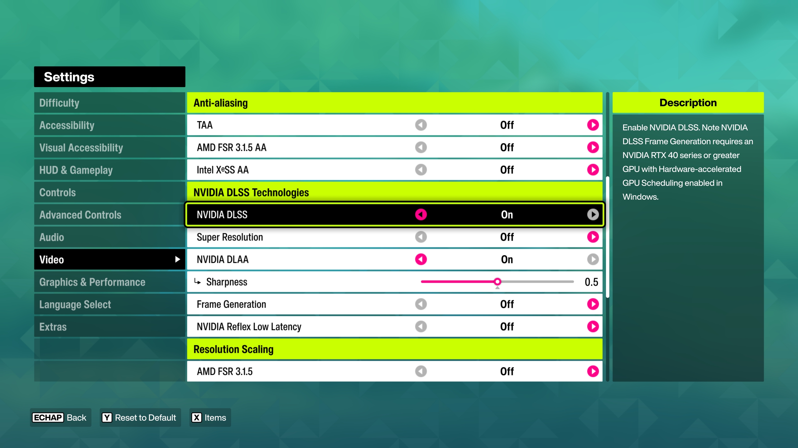 Menu des paramètres vidéo avec 'NVIDIA DLSS' activé.