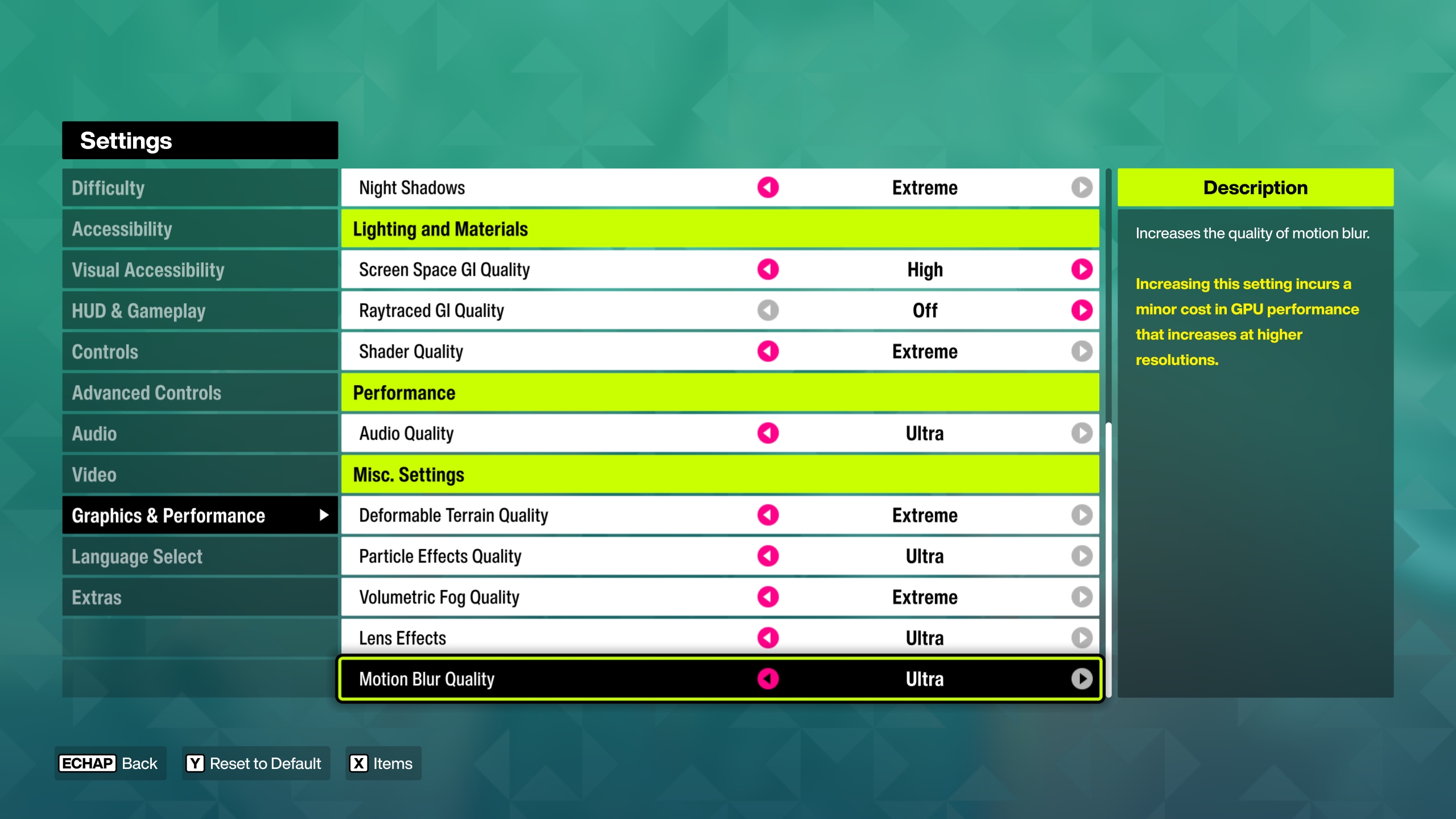 Menu des graphismes avec 'Qualité du flou de mouvement' sur 'Ultra'.