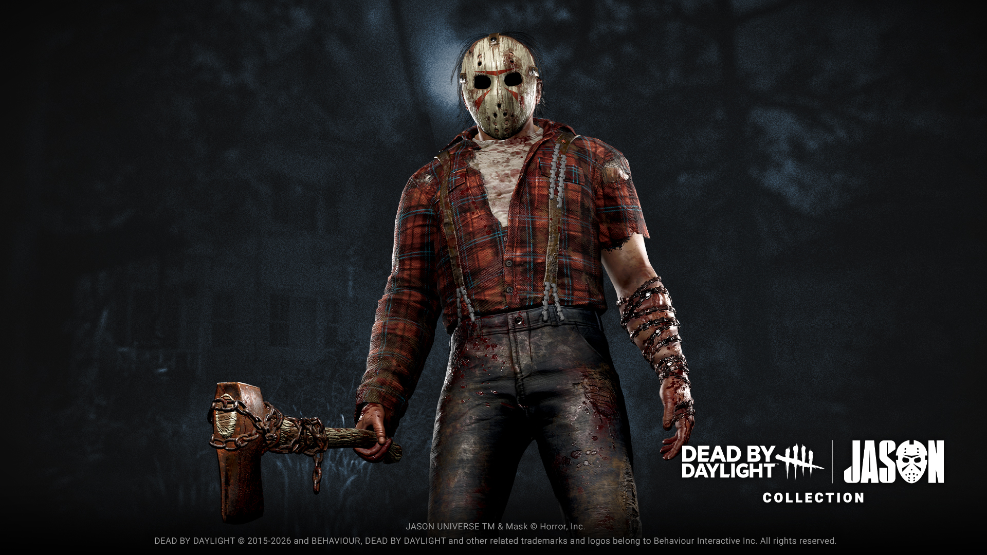 Skin 'Backwoods Terror' pour Jason dans Dead by Daylight, avec une hache et un masque de hockey.