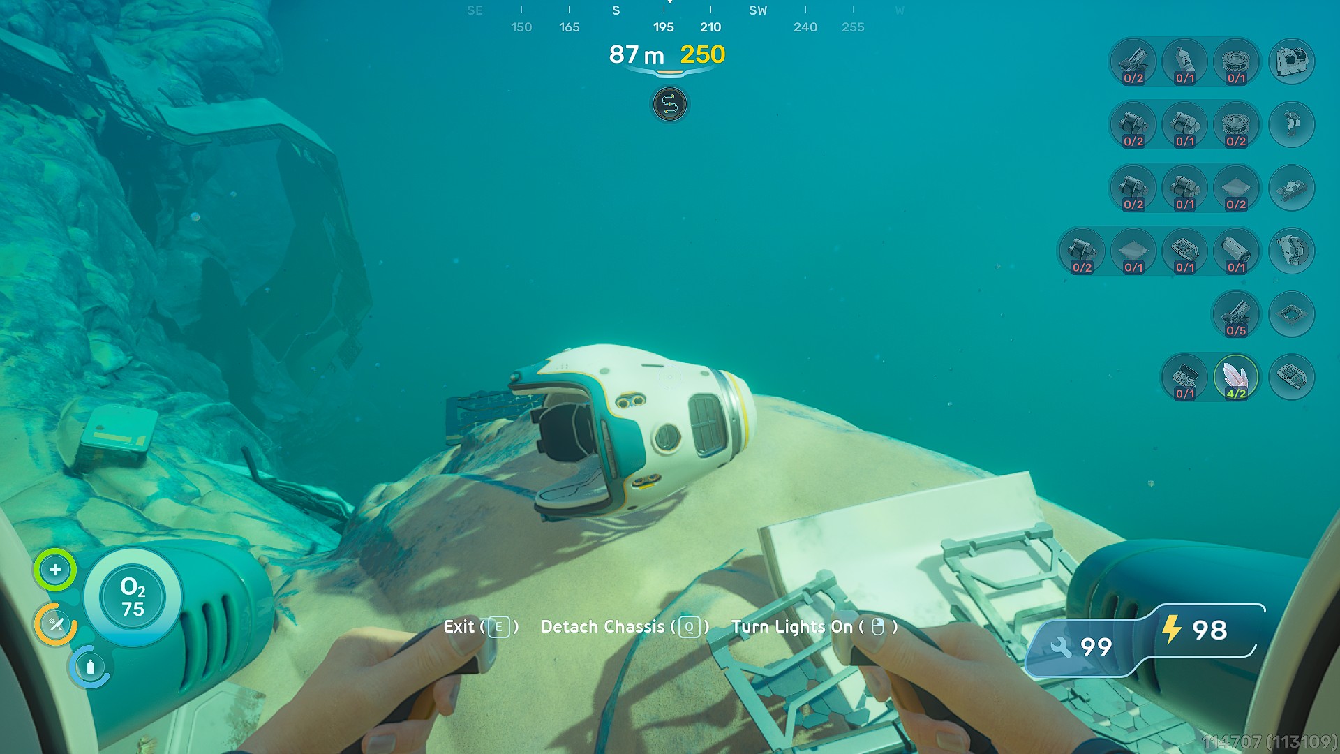 Interface de jeu montrant un joueur explorant les profondeurs avec un véhicule.